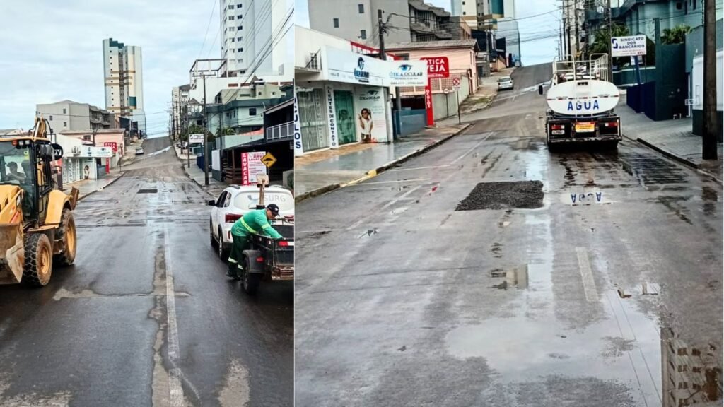 Tráfego liberado na Rua Quintino Bocaiuva após reparo de buraco no centro de Guarapuava