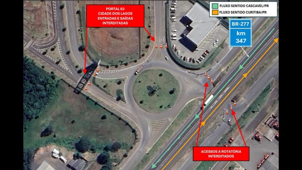 Rotatória da BR-277 no km 347, no acesso ao bairro Cidade dos Lagos, em Guarapuava.
