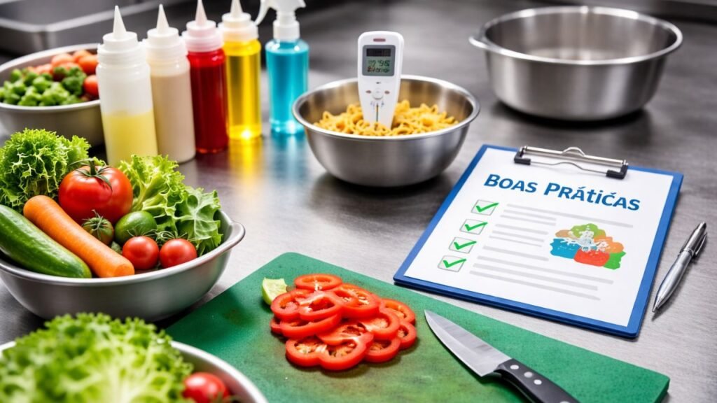 Curso de boas práticas de manipulação de alimentos com ingredientes e utensílios organizados em ambiente higienizado