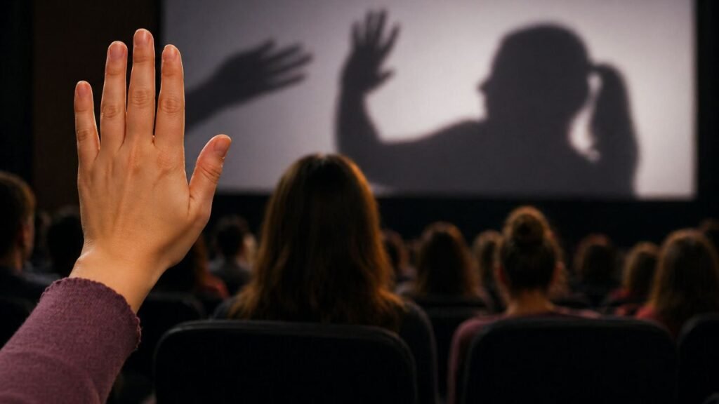 Imagem ilustrativa representa ação de conscientização sobre violência contra a mulher em ambientes como cinemas e eventos / gerada por Inteligência Artificial