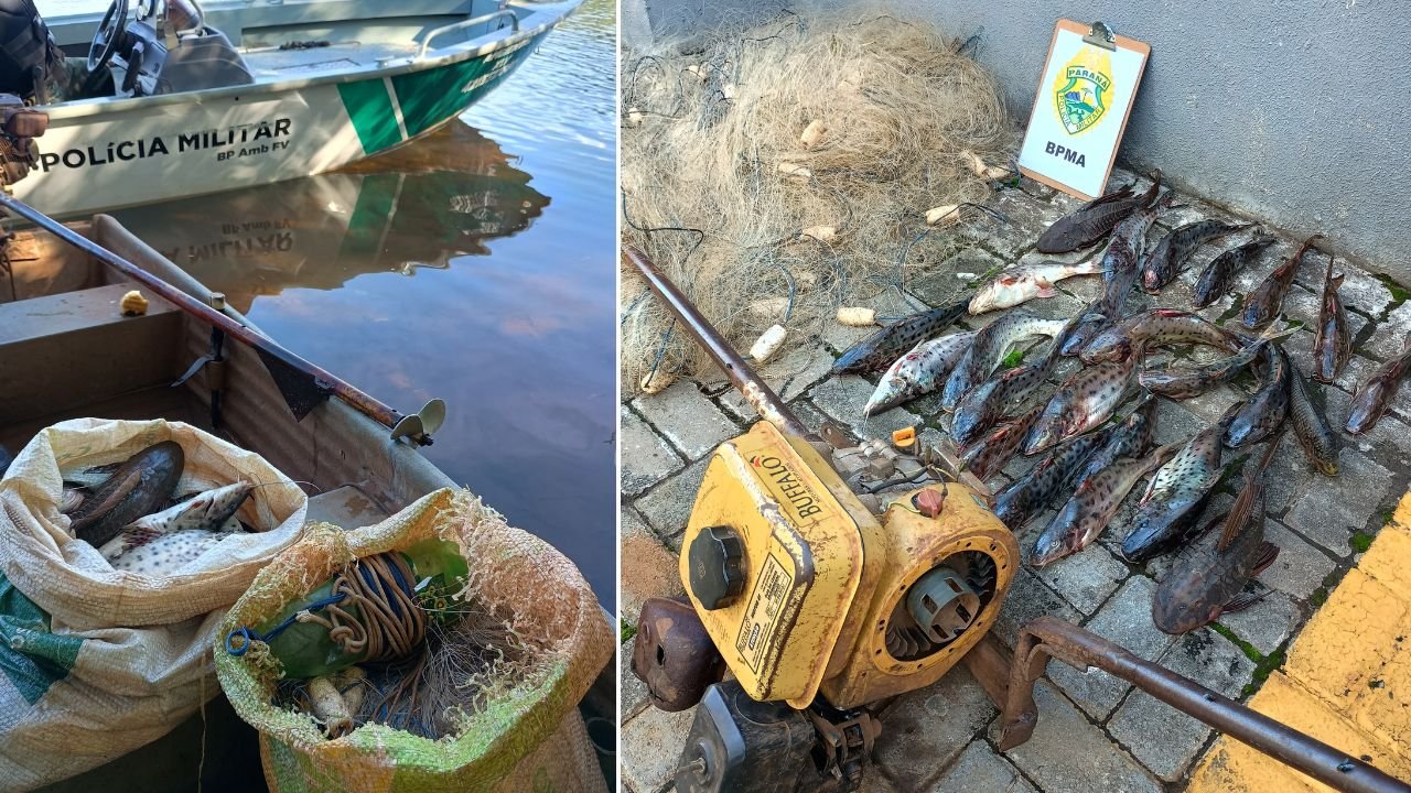 Redes e peixes apreendidos pela Polícia Ambiental durante fiscalização no Rio das Cobras