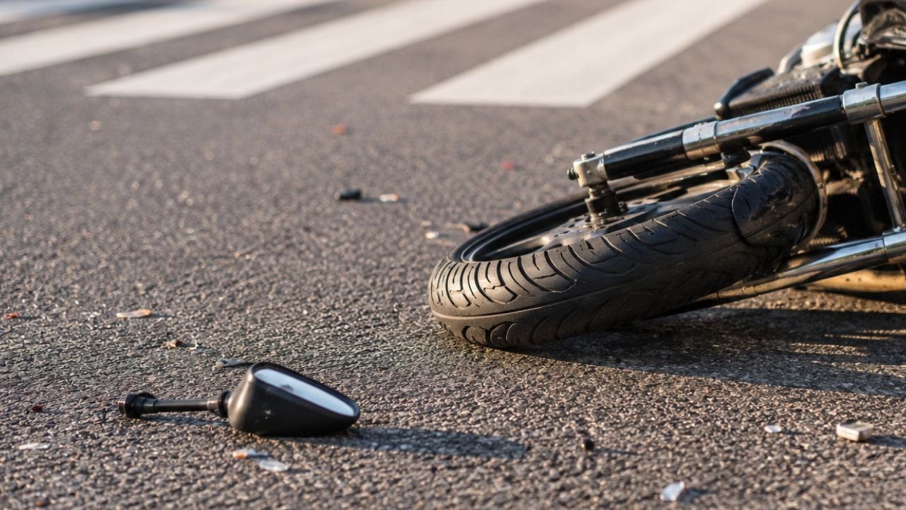 Imagem ilustrativa mostra motocicleta caída após acidente envolvendo atropelamento em área urbana.