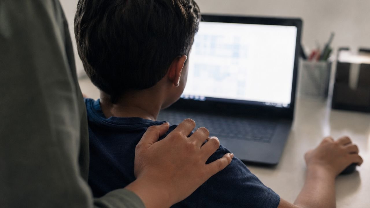 Criança utilizando notebook enquanto um adulto acompanha a atividade digital ao lado, em imagem ilustrativa sobre segurança na internet e proteção infantil.