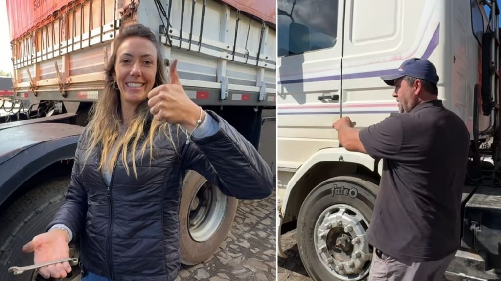 Montagem mostra a caminhoneira Raschida de Lima Hobi e o caminhoneiro Márcio José Barbosa ao lado de caminhões durante reportagem sobre a falta de motoristas no transporte de cargas em Guarapuava. Montagem. Fotos: Atento News