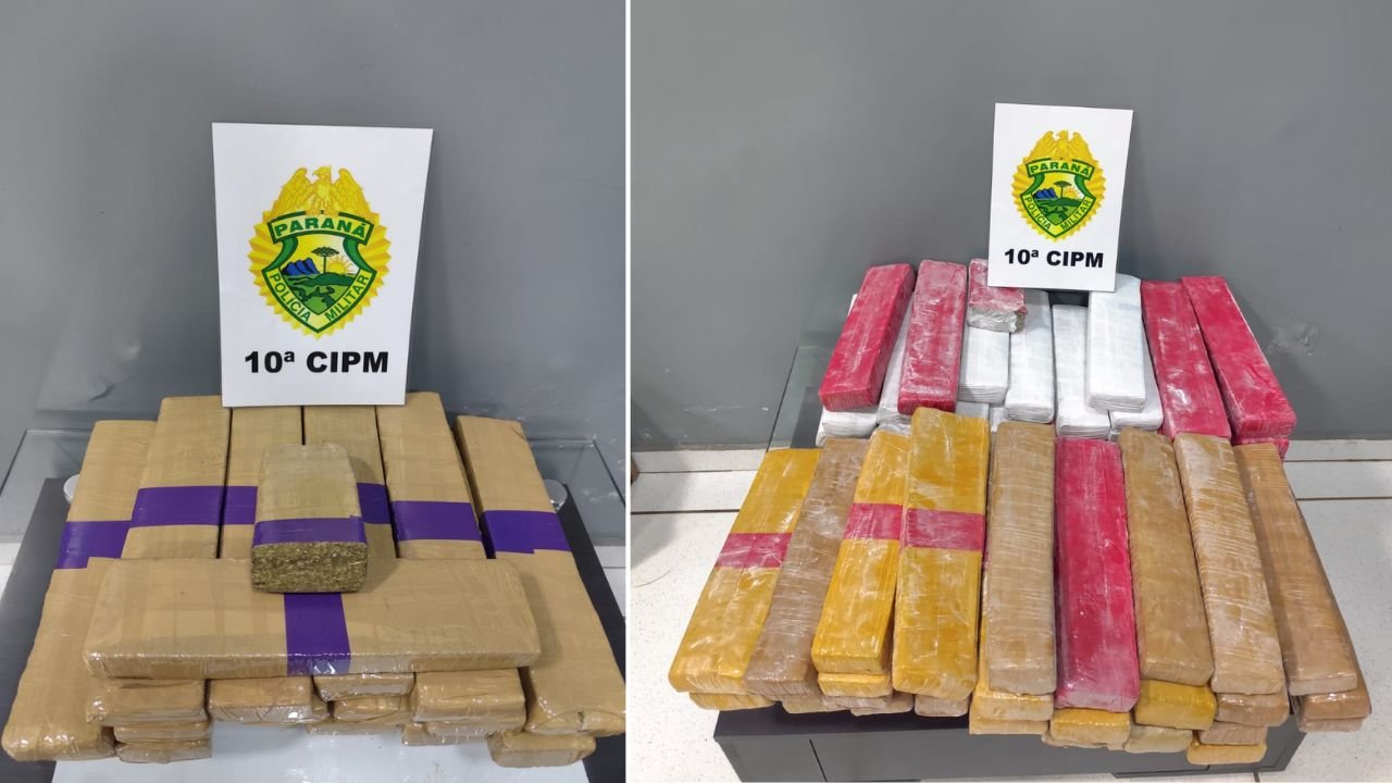 Drogas apreendidas pela Polícia Militar em duas ocorrências registradas em poucas horas na rodoviária de Laranjeiras do Sul. Fotos: Divulgadas pela PM