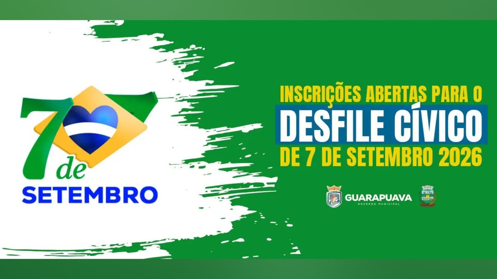 Inscrições para o Desfile Cívico de 7 de Setembro de 2026 em Guarapuava permanecem abertas até 23 de agosto.