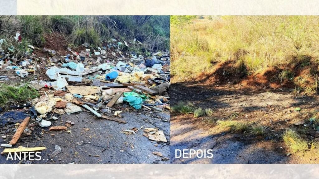 Equipes da SURG realizaram uma força-tarefa e removeram mais de cinco toneladas de resíduos descartados irregularmente na antiga BR-277, na região do Rio das Mortes, em Guarapuava. Fotos: Divulgação/ Prefeitura de Guarapuava