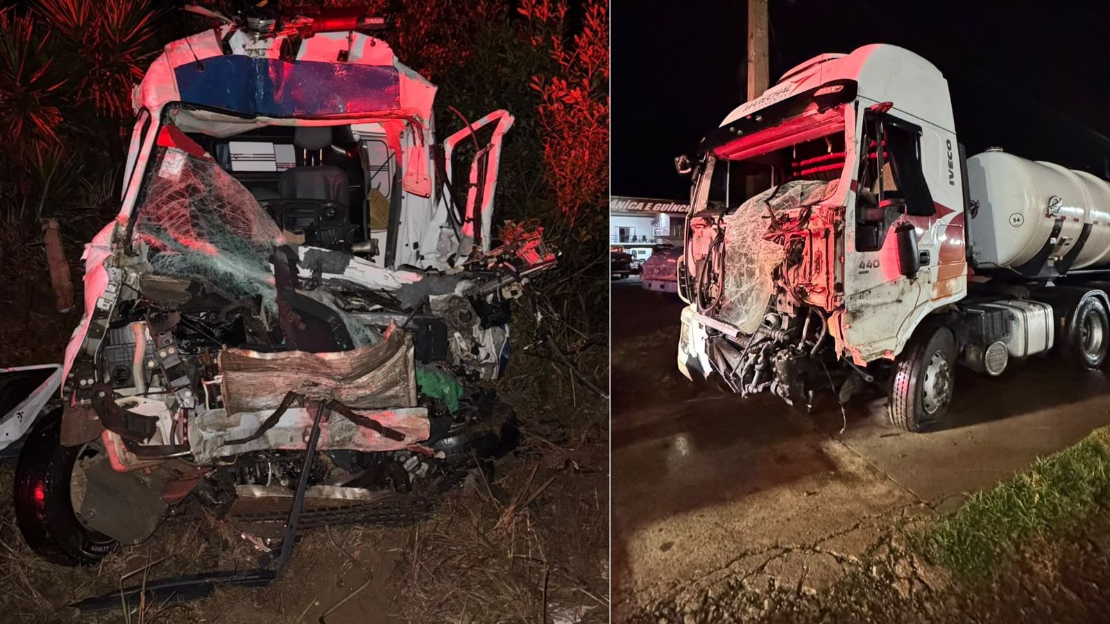Colisão frontal entre uma van e um caminhão deixou dois homens mortos na PR-466, em Pitanga, na noite desta quarta-feira (22). Fotos: Divulgação/ PRE.