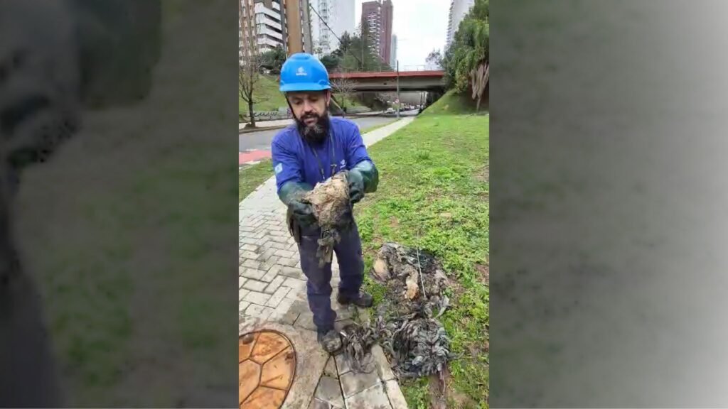 Técnico da Sanepar mostrou resíduos encontrados durante a desobstrução de uma rede de esgoto em Curitiba e alertou para o descarte incorreto. Foto: Reprodução/ Sanepar.