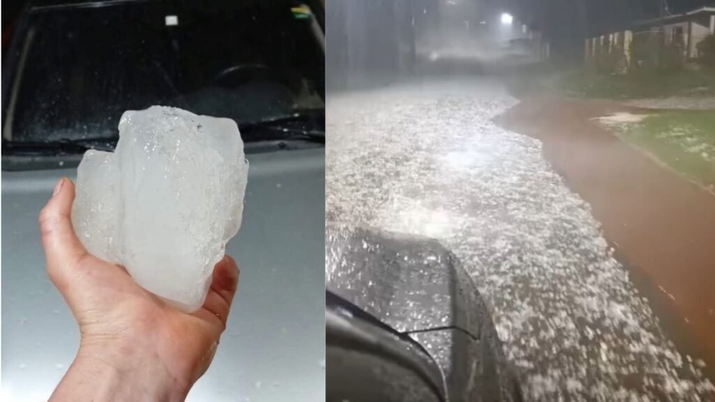 Pedras de granizo e acúmulo de gelo durante temporal em Santa Maria do Oeste. Fotos: Reprodução/ Redes Sociais