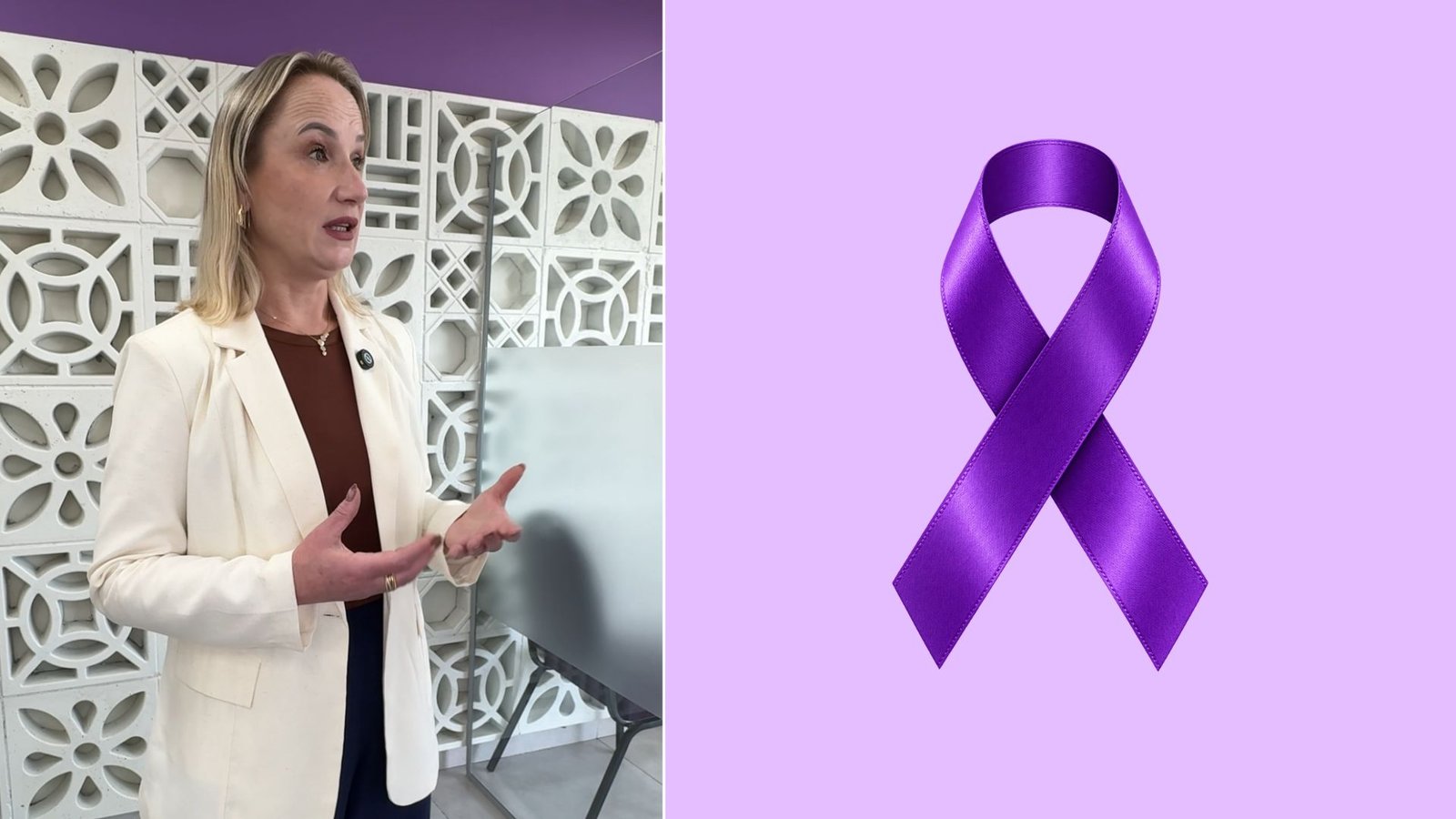Secretária Laura Maria Vasconcelos durante entrevista sobre o Agosto Lilás e a prevenção à violência contra a mulher em Guarapuava