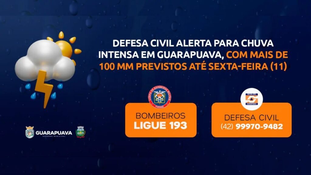 Imagem ilustrativa. Guarapuava pode registrar mais de 100 milímetros de chuva entre quarta-feira (9) e sexta-feira (11). Foto: Divulgação/ Prefeitura de Guarapuava
