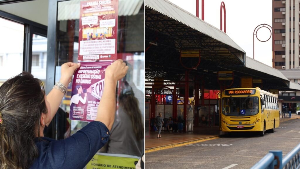 Ônibus do transporte coletivo de Guarapuava recebem cartazes com orientações contra importunação e assédio sexual. Foto: Divulgação/ Prefeitura de Guarapuava