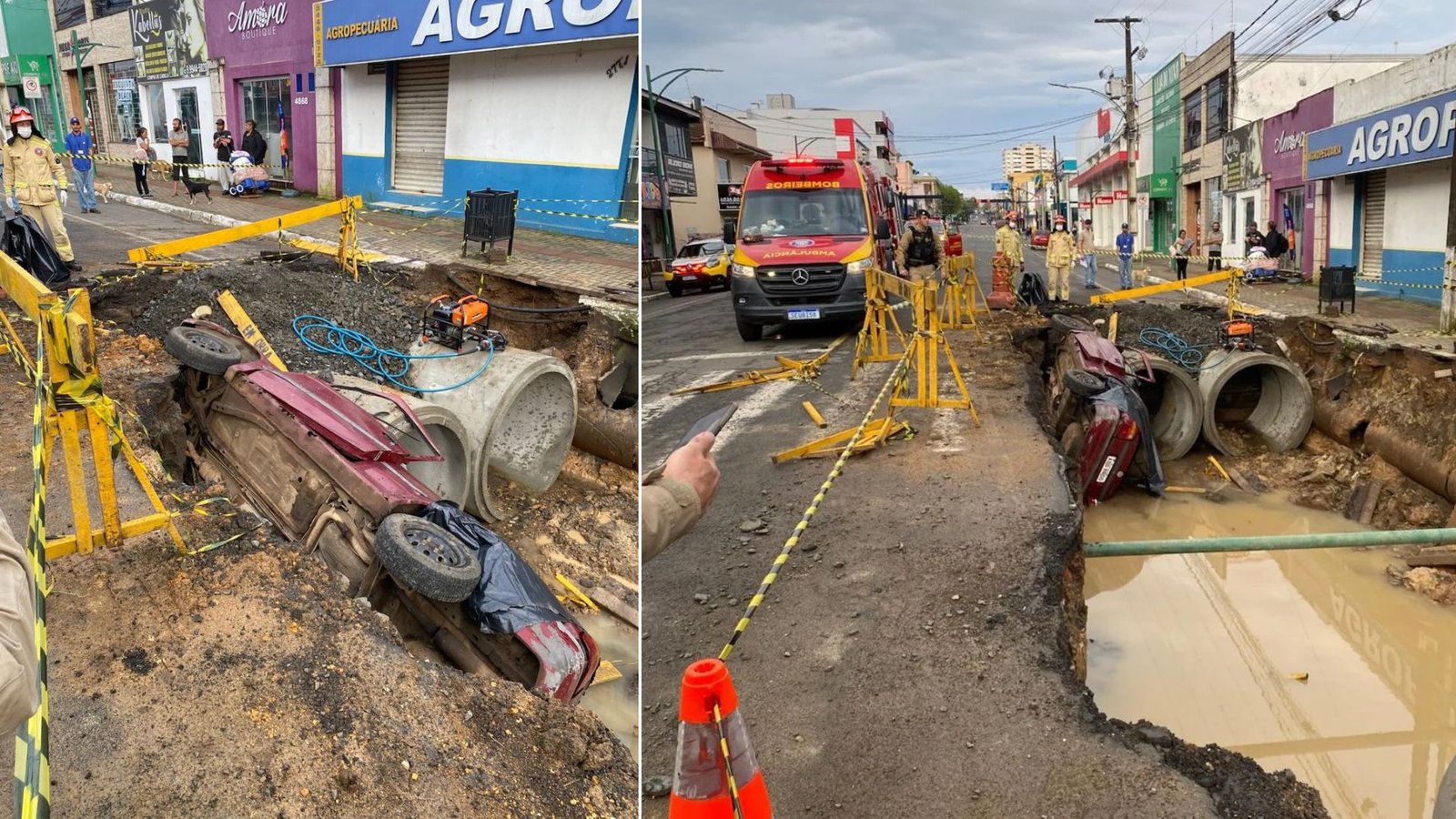Veículo saiu da pista e caiu em um buraco em uma área de obras no cruzamento da Avenida São João com a Rua Prudente de Morais, em Prudentópolis. Fotos: Divulgação/ Corpo de Bombeiros