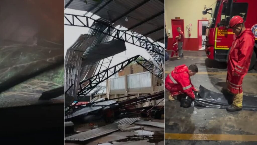Da esquerda para a direita: imagem registrada por um motorista mostra galhos de árvores caídos em uma via de Cantagalo; ao centro, o barracão do Centro de Eventos do município, que veio abaixo durante o temporal; e, à direita, bombeiros de Laranjeiras do Sul separam lonas para distribuição às famílias atingidas, por volta das 3h. Fotos: Reprodução/Redes Sociais.