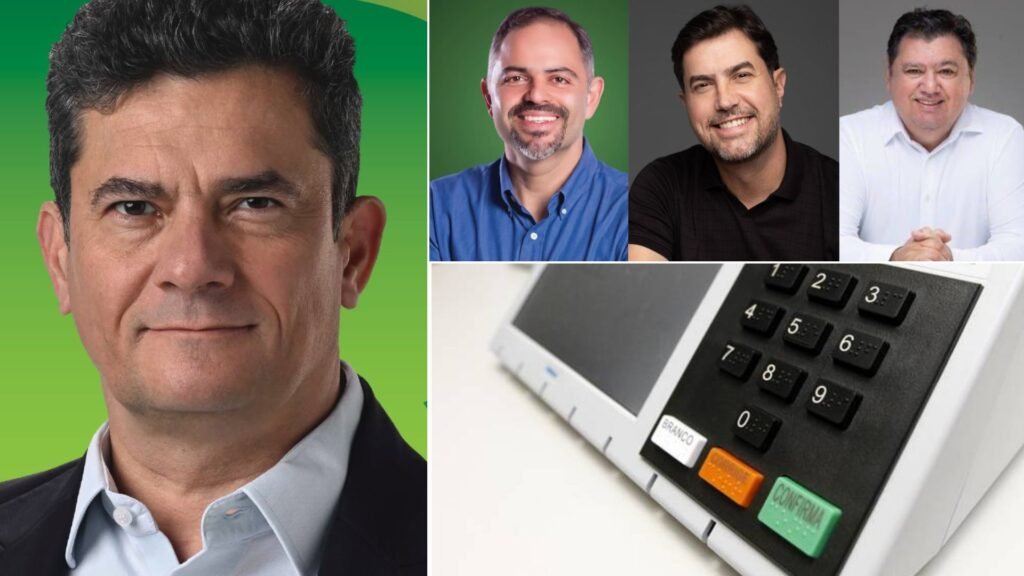 Sergio Moro (PL), eleito governador do Paraná no primeiro turno. No alto, em imagens menores, Artagão Júnior (PSD), César Silvestri (PP) e Dr. Antenor (PT), eleitos para representar Guarapuava na Assembleia Legislativa do Paraná. Fotos: Reprodução/Redes Sociais.