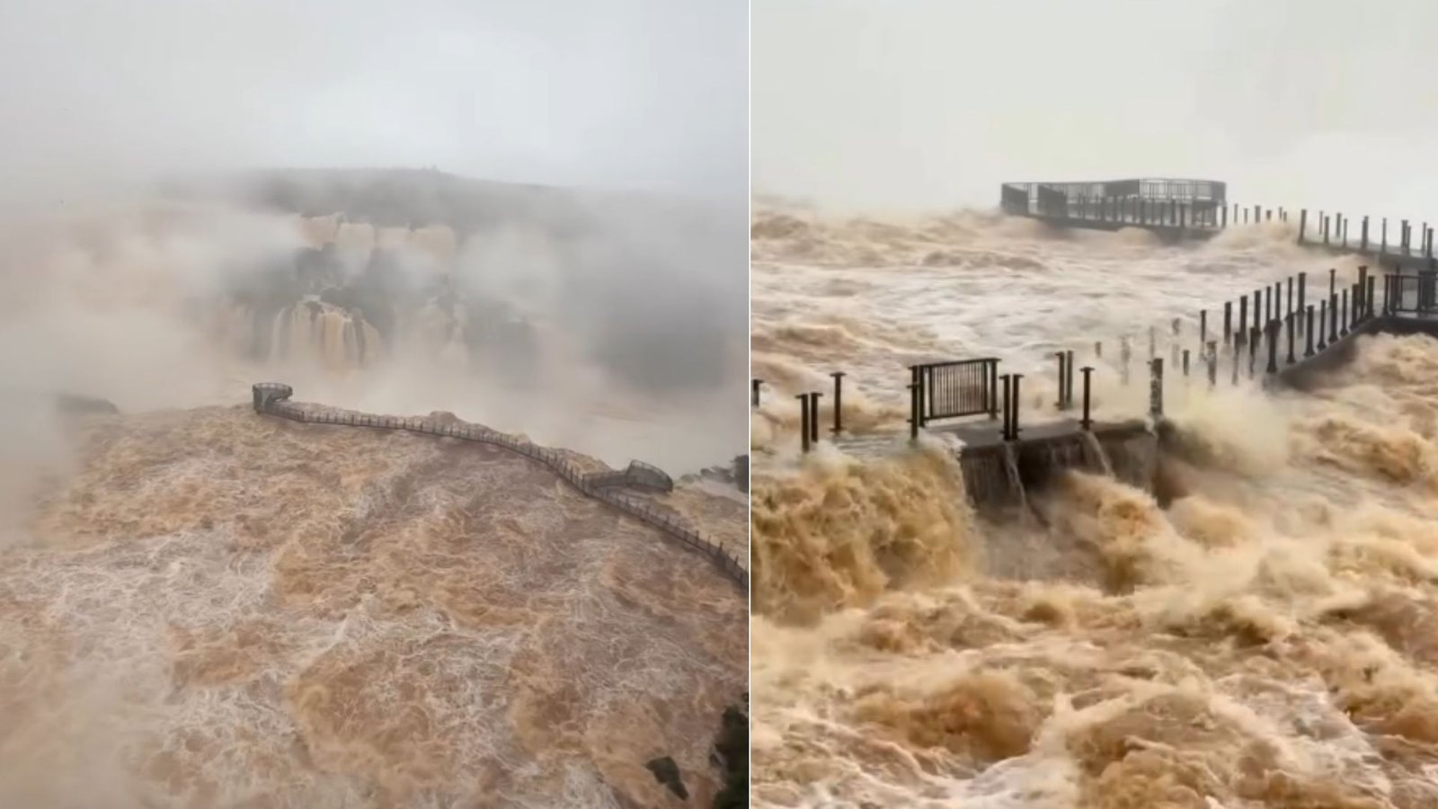 Vazão das Cataratas do Iguaçu chegou a 15,8 milhões de litros por segundo nesta quarta-feira (14), e a água avançou sobre a passarela de observação, interditada desde domingo (11). (Foto: Reprodução/ Redes Sociais