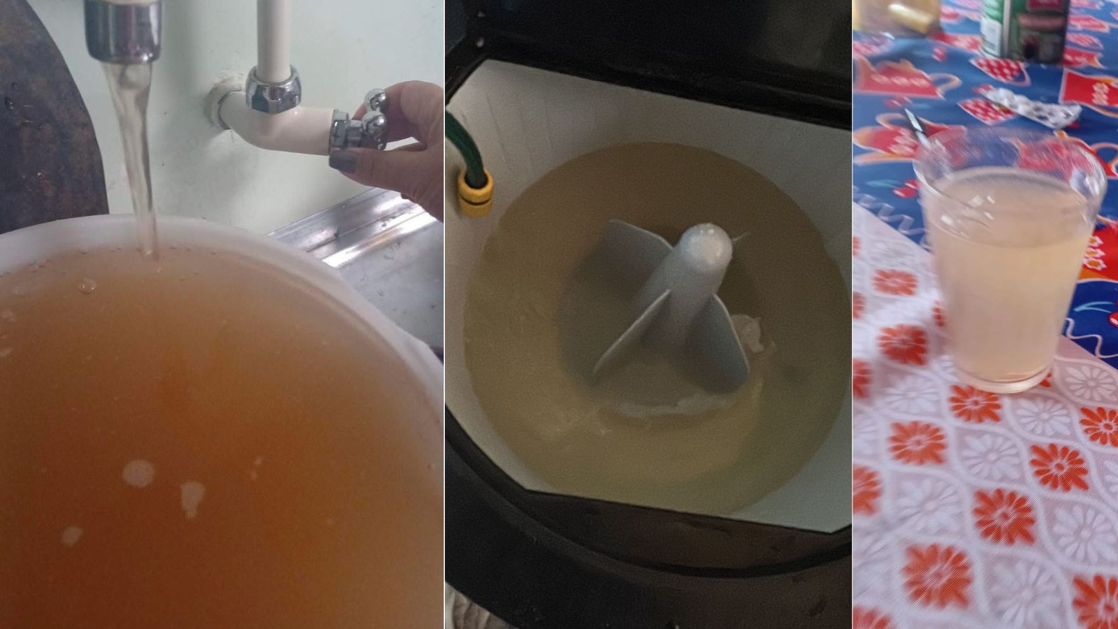 Imagens encaminhadas por moradores de Pinhão mostram água com coloração alterada em diferentes recipientes, em meio a reclamações sobre a qualidade e o abastecimento no município. Fotos: Arquivo pessoal/cedidas ao Atento News.