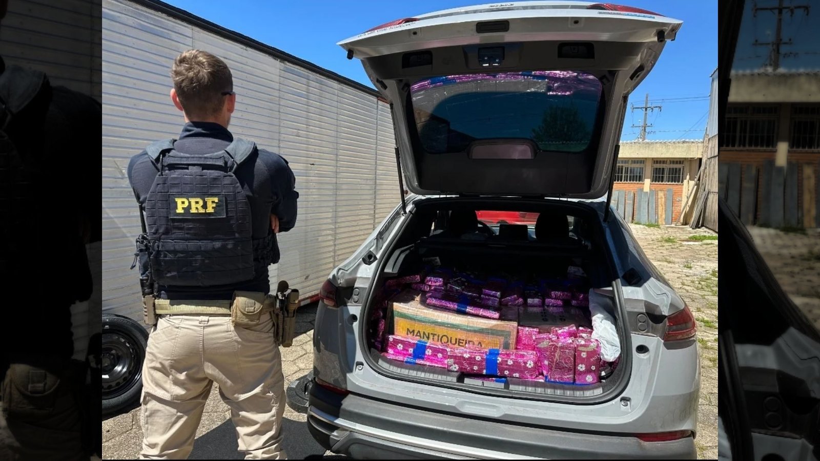 Pacotes de maconha apreendidos pela PRF no porta-malas de um Fiat Fastback, na BR-277, em Candói. A apreensão totalizou 362 kg. Foto: Divulgação/PRF