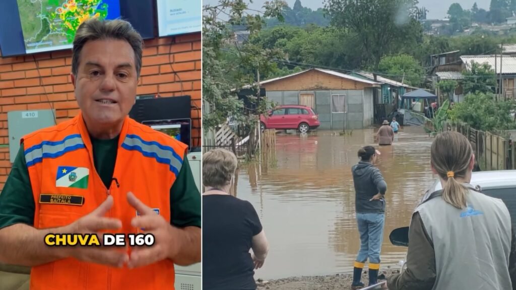 Prefeito Denilson Baitala apresenta balanço dos atendimentos após as chuvas em Guarapuava; alagamentos atingiram residências e mobilizaram equipes de emergência. Foto: Reprodução/Redes sociais.